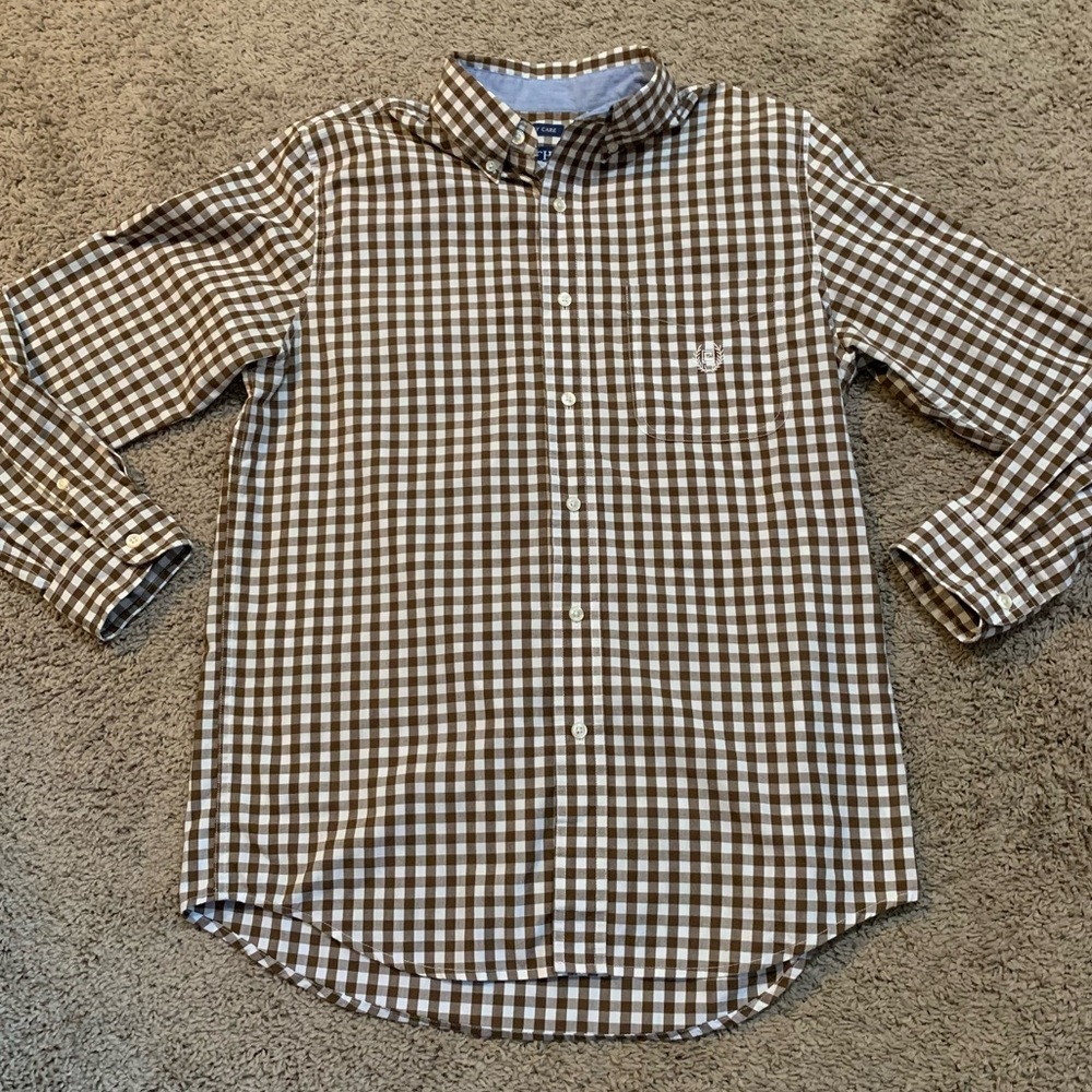 Men’s Chaps Easy Care Brown White Button Down Shirt Medium